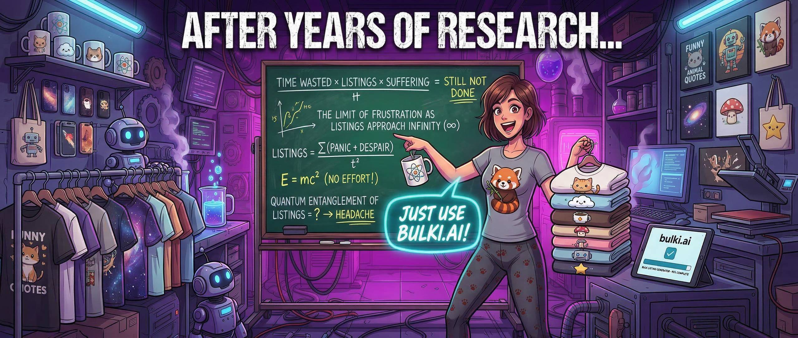 After years of research - bulki.ai illustration showing a woman at a chalkboard in a sci-fi lab
